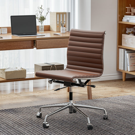 Armless Ribbed Office Desk Chair with Top Grain Leather - Brown