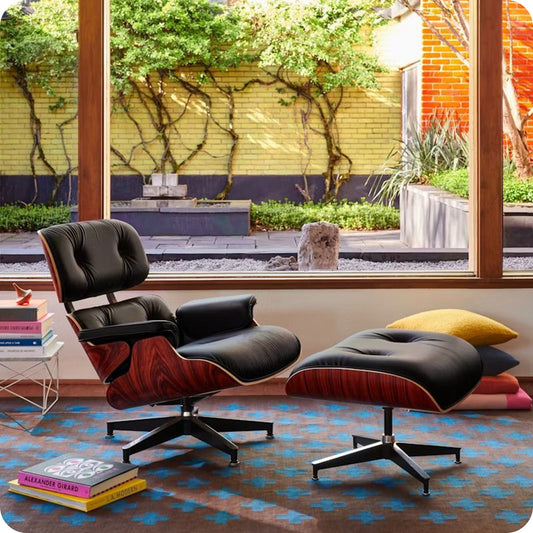 Mid-Century Black Genuine Leather Eames Lounge Chair & Ottoman—Red Palisander Wood