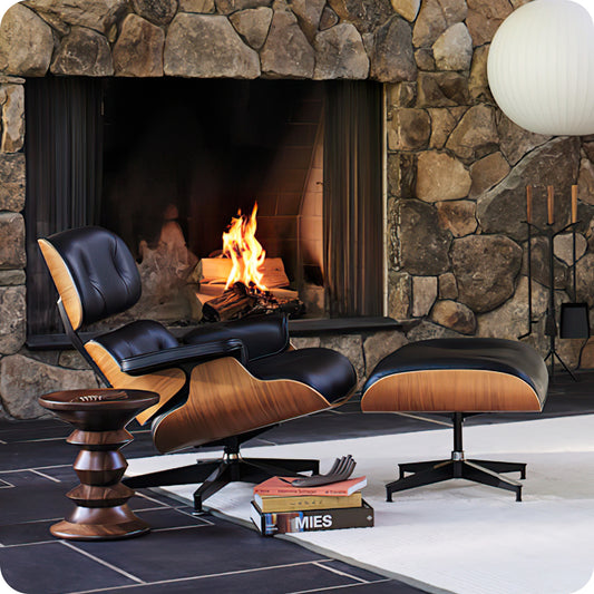 Classic Genuine Leather Lounge Chair with Ottoman – Walnut Wood & Black