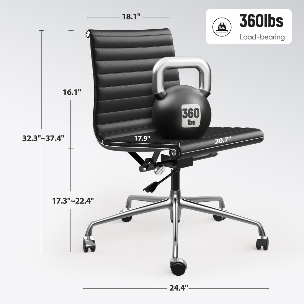 Armless Ribbed Office Desk Chair with Top Grain Leather - Black