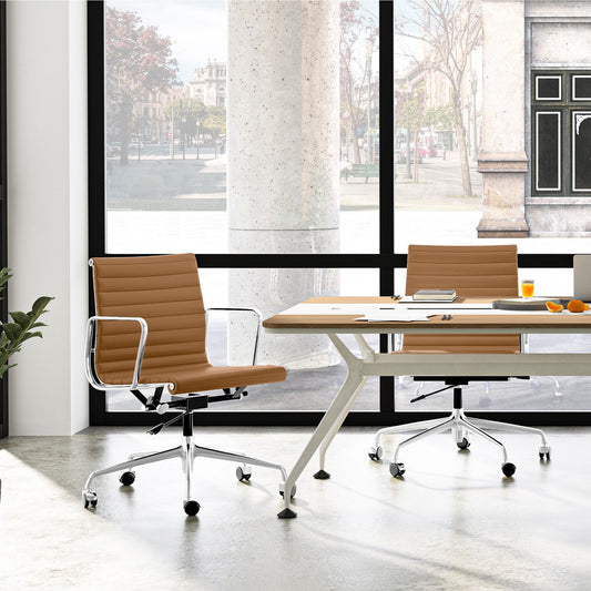 Armrests Ribbed Office Chair Light Brown Genuine Leather Office Chair