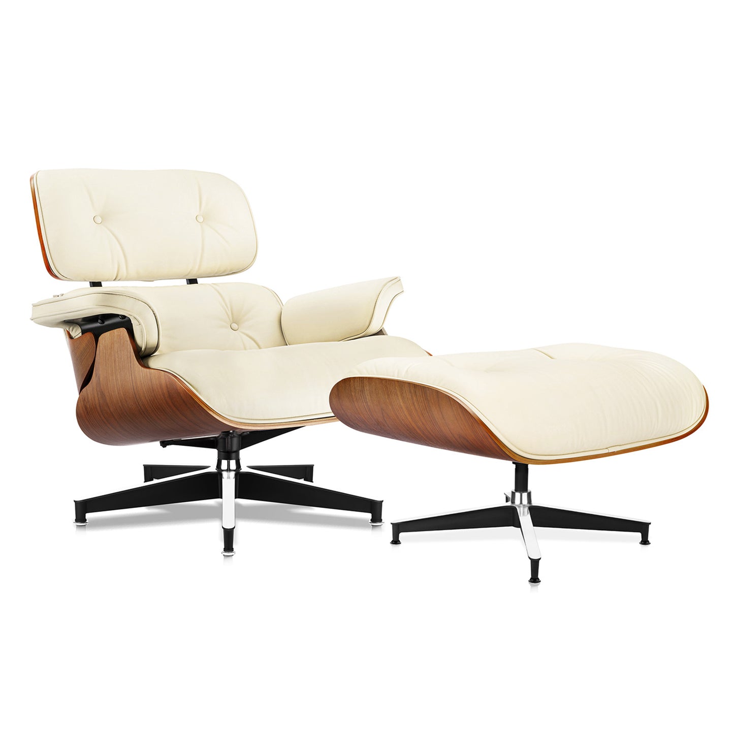Mid Century Genuine Leather Recliner Lounge Chair with Ottoman - Walnut Wood & Beige