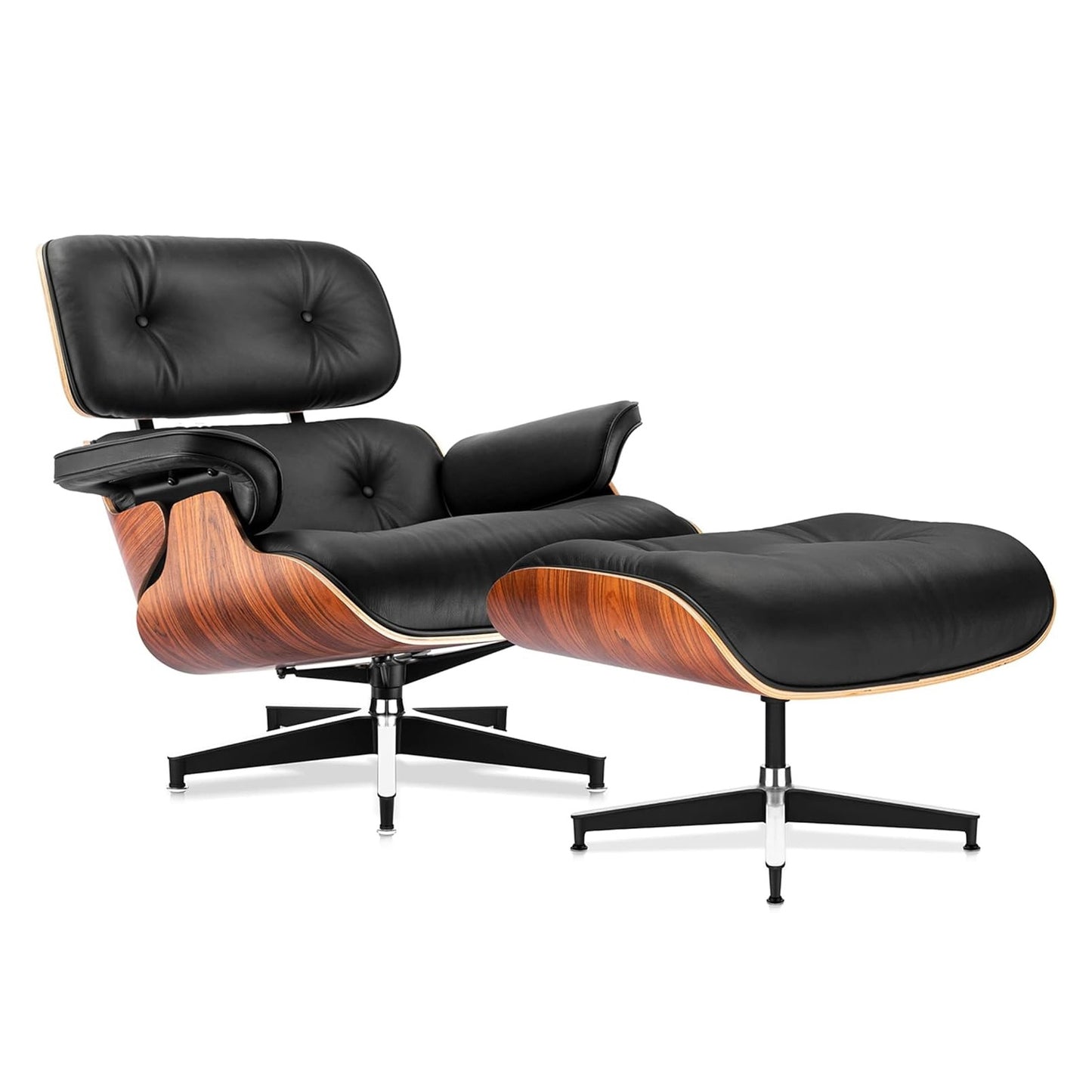 Mid Century Genuine Leather Recliner Lounge Chair with Ottoman - Palisander Wood & Black