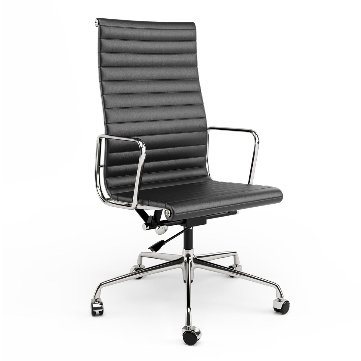 Armrests Ribbed Office Chair Black Genuine Leather Office Chair
