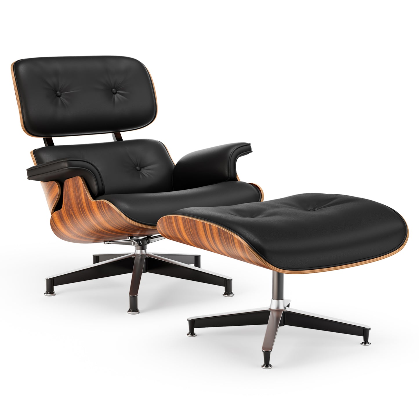 Premium PU Leather Lounge Chair with Ottoman - Black & Palisander