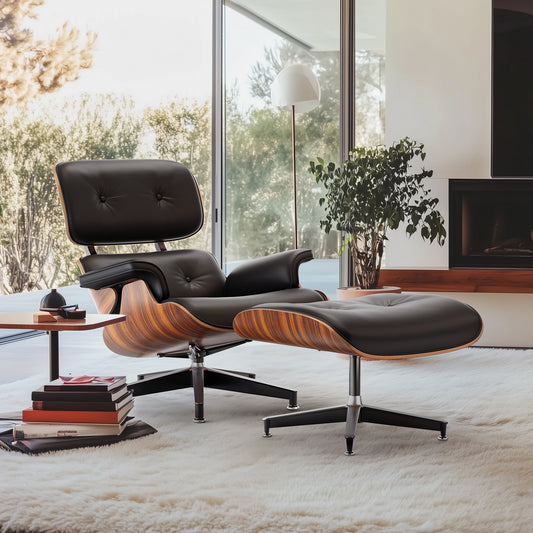 Top PU Leather Lounge Chair with Ottoman - Palisander Wood & Black