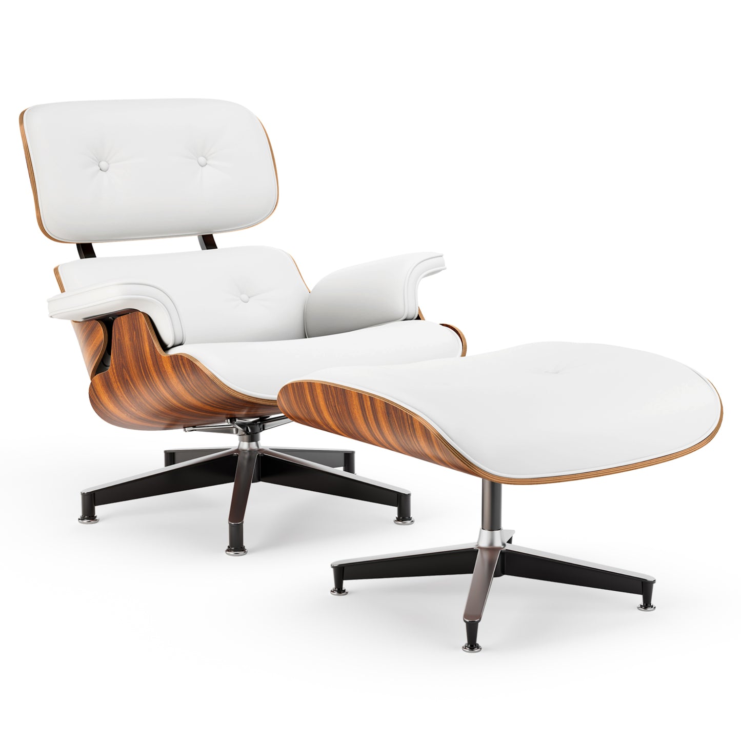 Premium PU Leather Lounge Chair with Ottoman - White & Palisander
