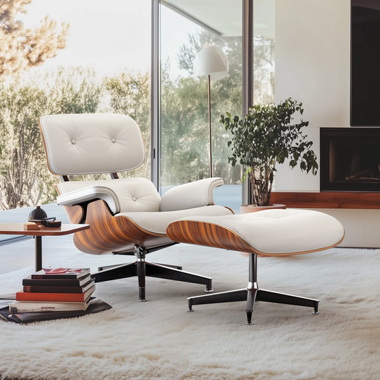 Top PU Leather Lounge Chair with Ottoman - Palisander Wood & White