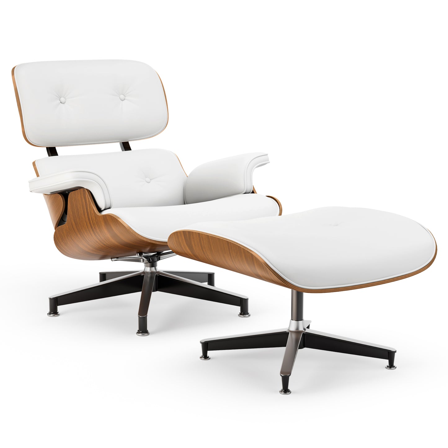Premium PU Leather Lounge Chair with Ottoman - White & Walnut Wood