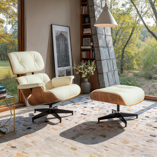 Classic Genuine Leather Lounge Chair with Ottoman – Walnut Wood & Beige