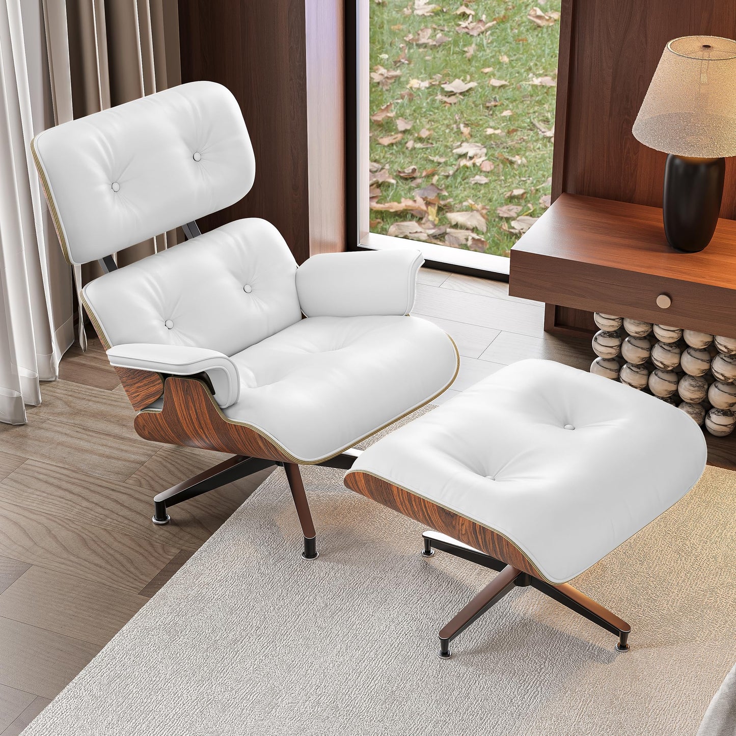 Mid Century Genuine Leather Recliner Lounge Chair with Ottoman - Palisander Wood & White