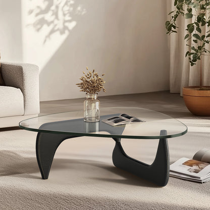 High-end Modern Triangle Glass Coffee Table With Solid Wood Base - Black