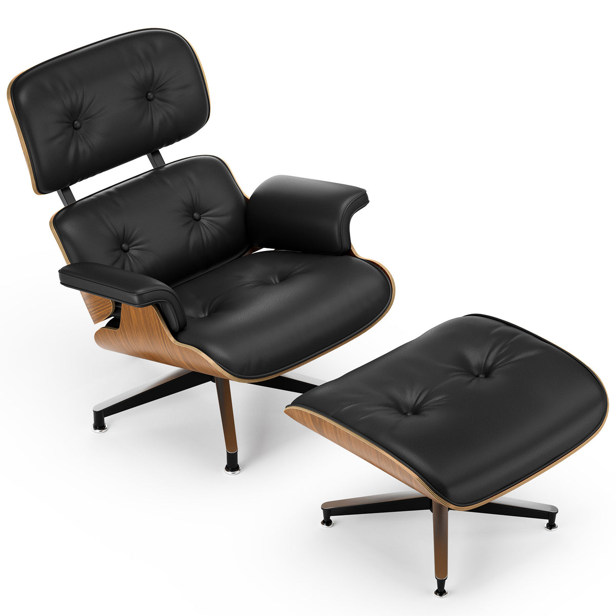 Classic Genuine Leather Lounge Chair with Ottoman – Walnut Wood & Black
