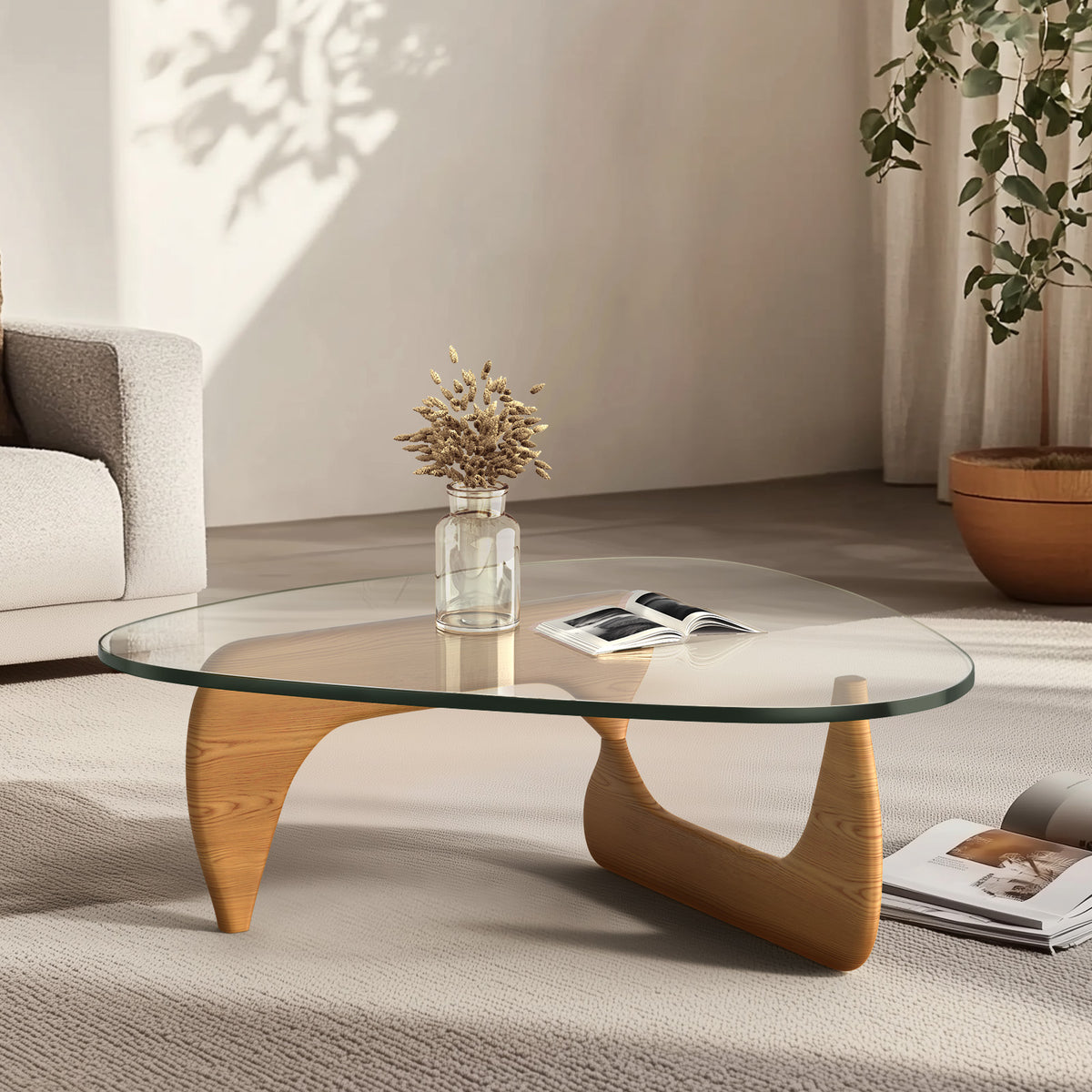High-end Modern Triangle Glass Coffee Table With Solid Wood Base - Light Walnut