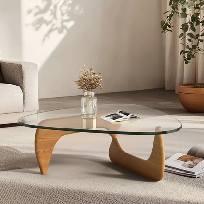 High-end Modern Triangle Glass Coffee Table With Solid Wood Base - Light Walnut
