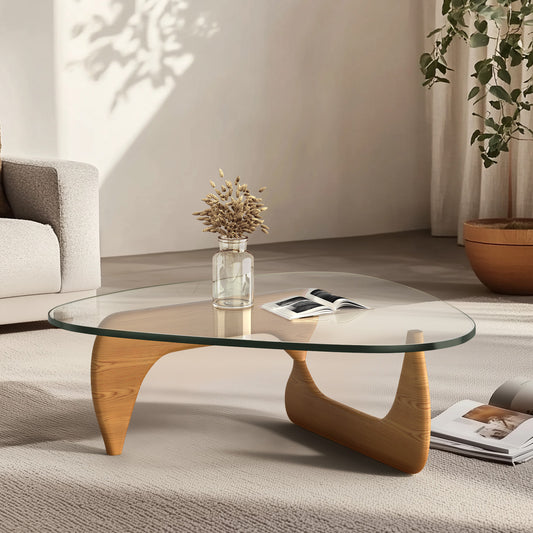 High-end Modern Triangle Glass Coffee Table With Solid Wood Base - Light Walnut