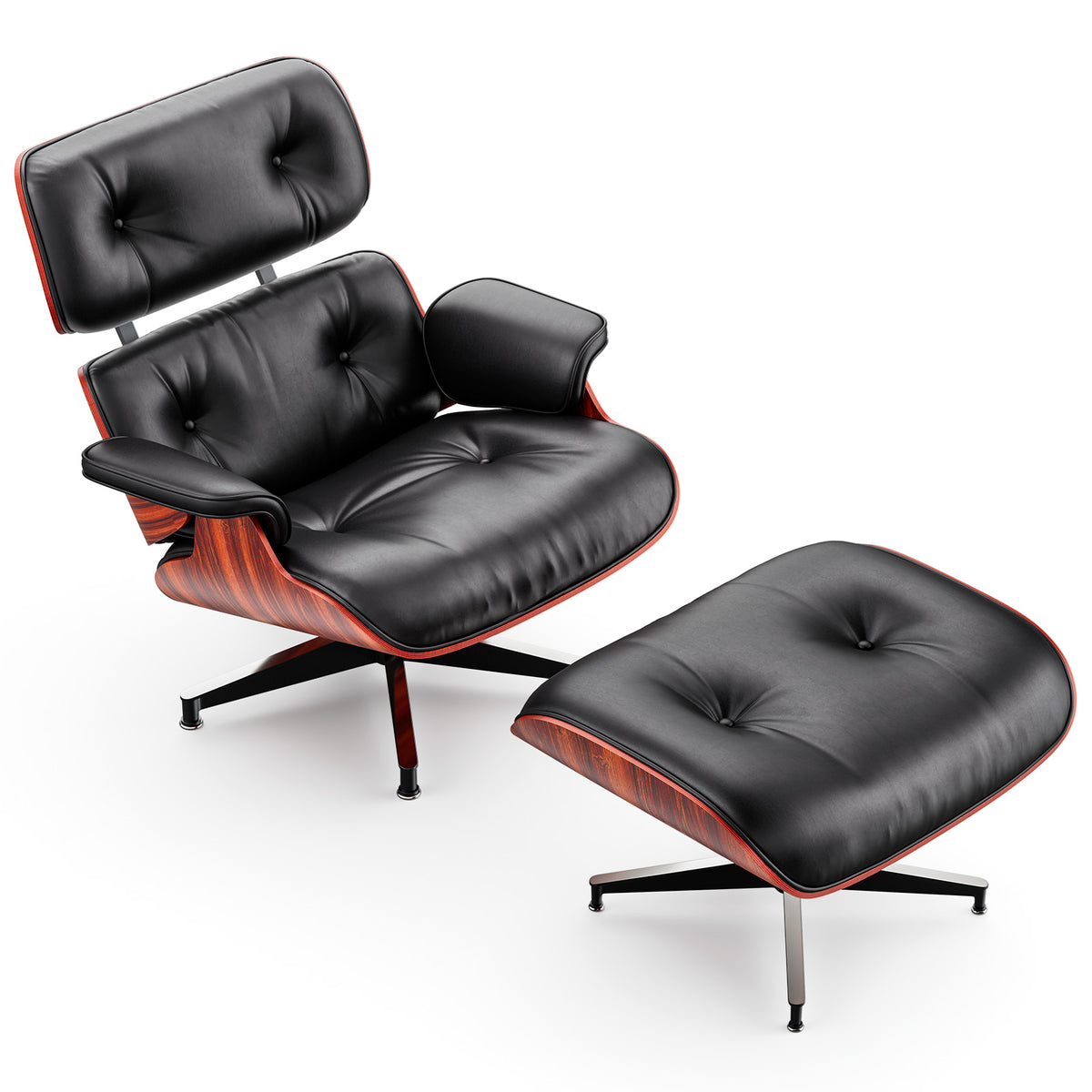 Mid-Century Black Genuine Leather Eames Lounge Chair & Ottoman—Red Palisander Wood