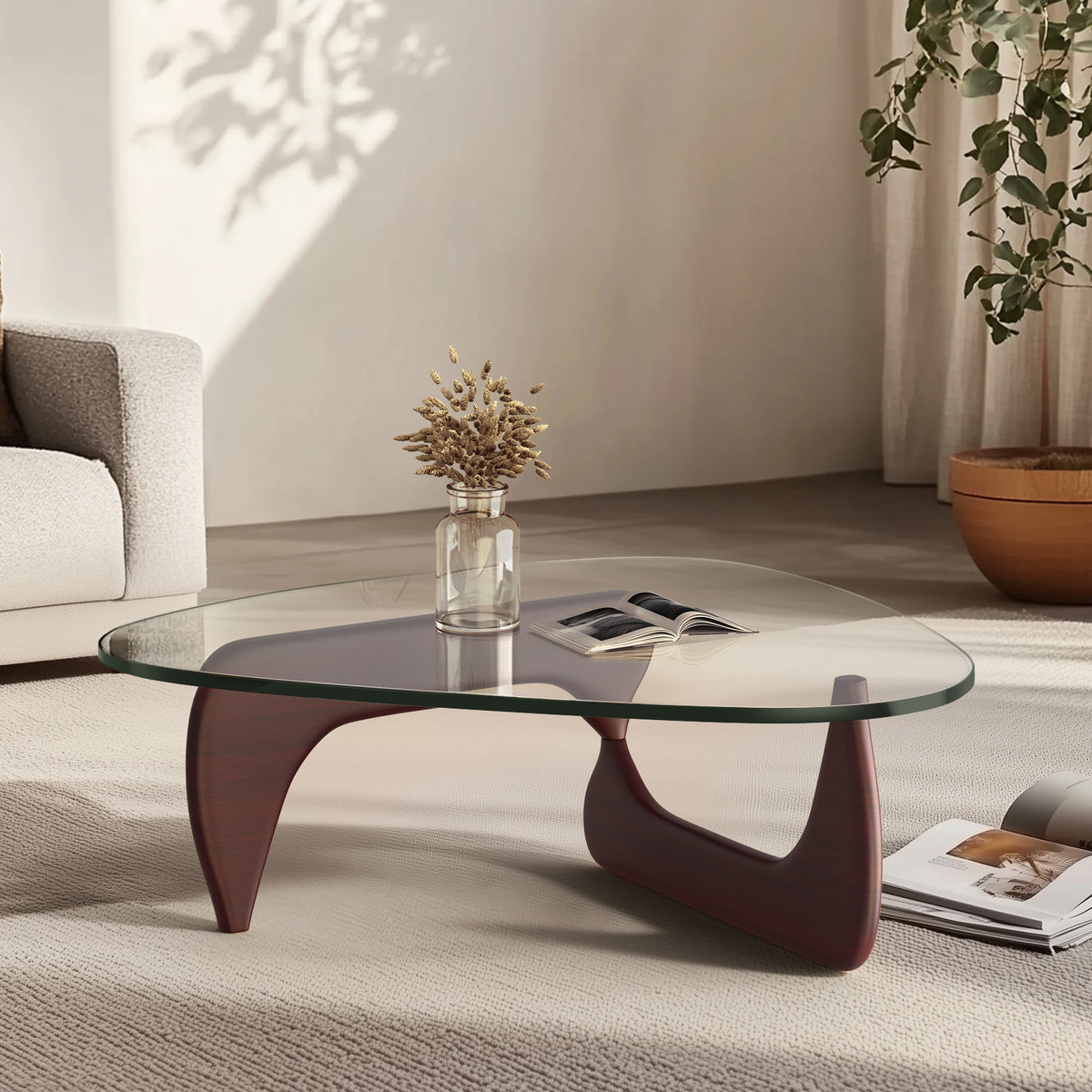High-end Modern Triangle Glass Coffee Table With Solid Wood Base - Dark Walnut