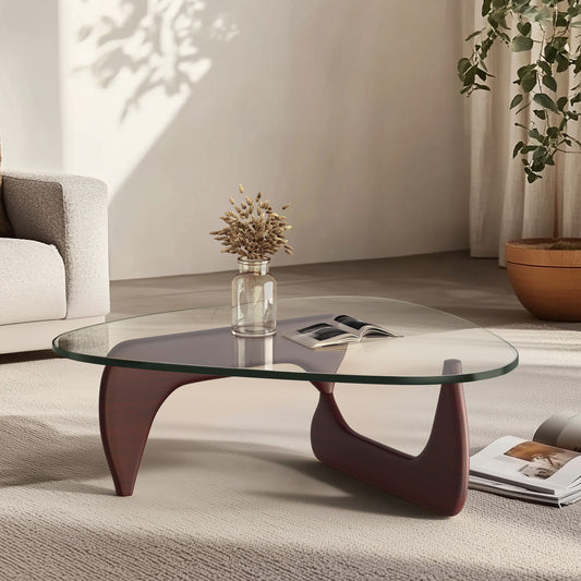 High-end Modern Triangle Glass Coffee Table With Solid Wood Base - Dark Walnut