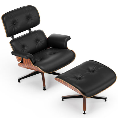 Classic Genuine Leather Lounge Chair with Ottoman – Palisander Wood & Black