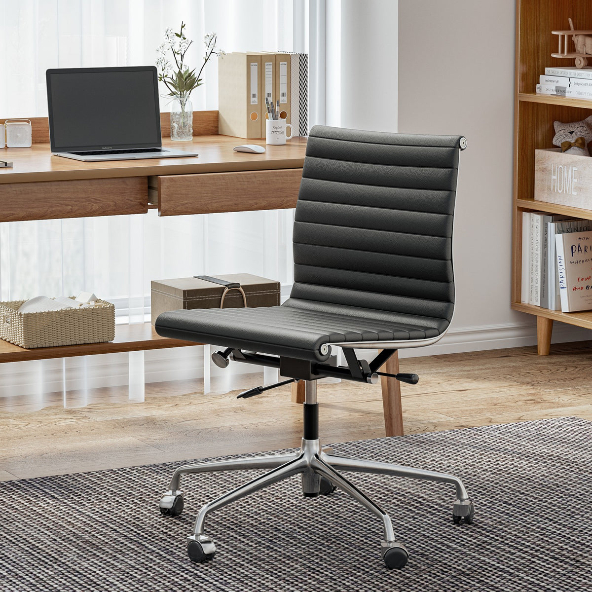 Armless Ribbed Office Desk Chair with Top Grain Leather - Black