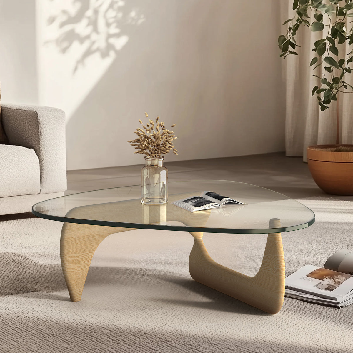 High-end Modern Triangle Glass Coffee Table With Solid Wood Base - Original Wood