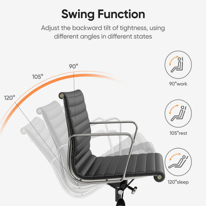 Armrests Ribbed Office Chair Black Genuine Leather Office Chair