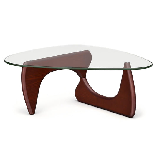 High-end Modern Triangle Glass Coffee Table With Solid Wood Base - Dark Walnut