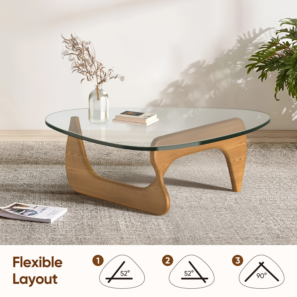 High-end Modern Triangle Glass Coffee Table With Solid Wood Base - Light Walnut