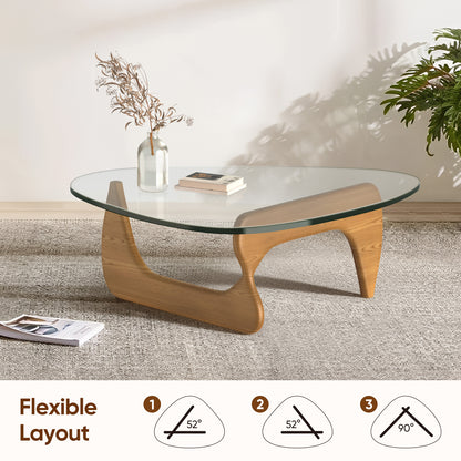 High-end Modern Triangle Glass Coffee Table With Solid Wood Base - Light Walnut