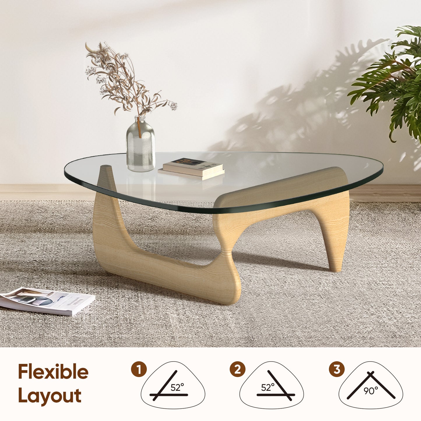 High-end Modern Triangle Glass Coffee Table With Solid Wood Base - Original Wood