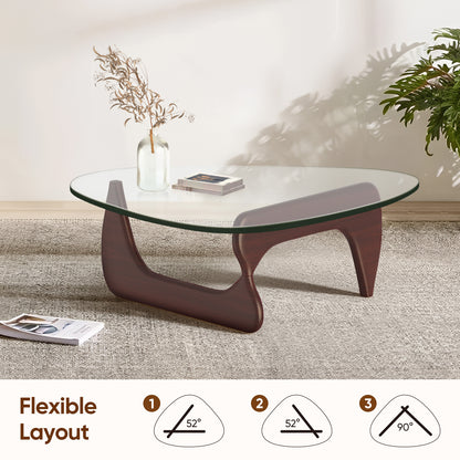 High-end Modern Triangle Glass Coffee Table With Solid Wood Base - Dark Walnut