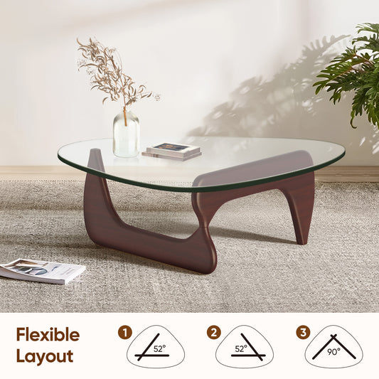 High-end Modern Triangle Glass Coffee Table With Solid Wood Base - Dark Walnut