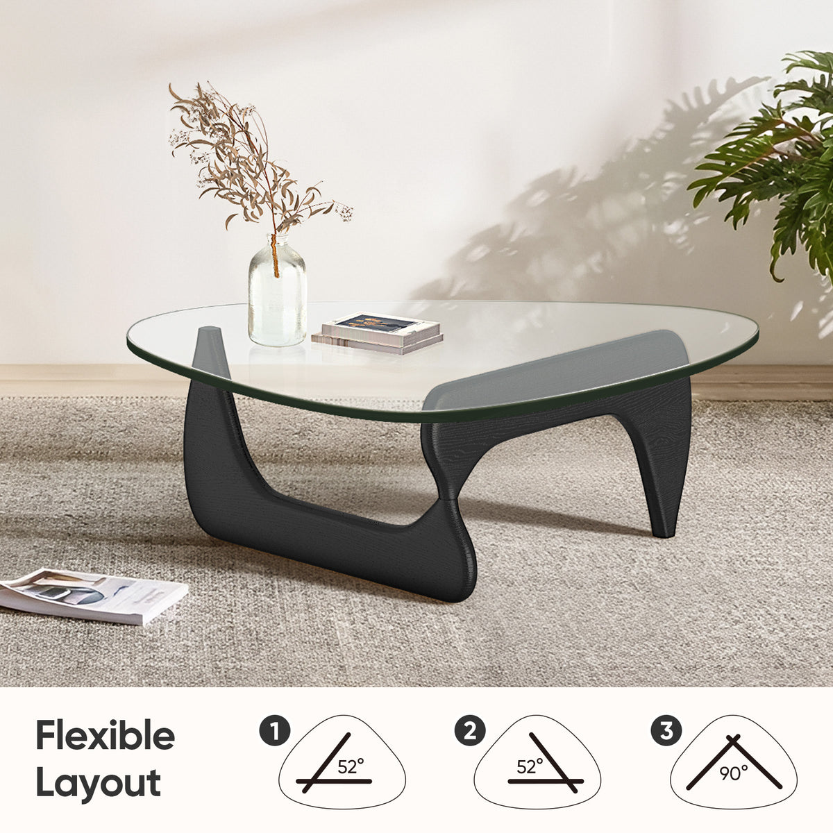 High-end Modern Triangle Glass Coffee Table With Solid Wood Base - Black