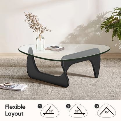 High-end Modern Triangle Glass Coffee Table With Solid Wood Base - Black