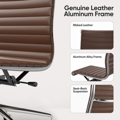 Armless Ribbed Office Desk Chair with Top Grain Leather - Brown