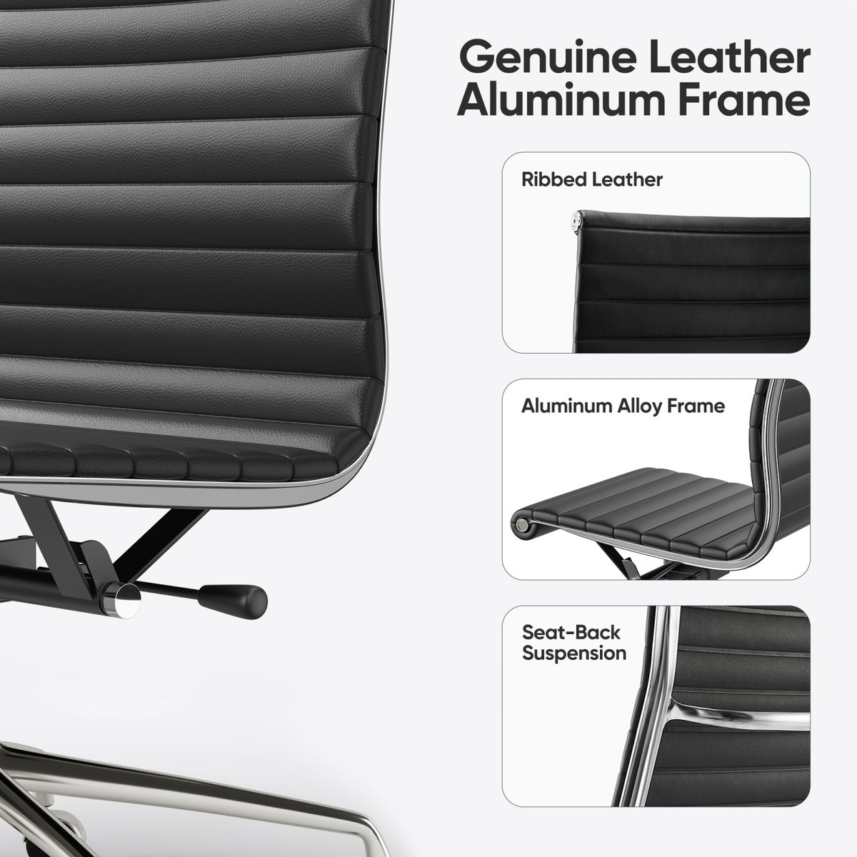 Armless Ribbed Office Desk Chair with Top Grain Leather - Black