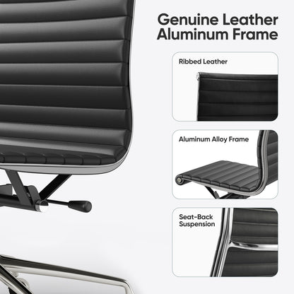 Armless Ribbed Office Desk Chair with Top Grain Leather - Black