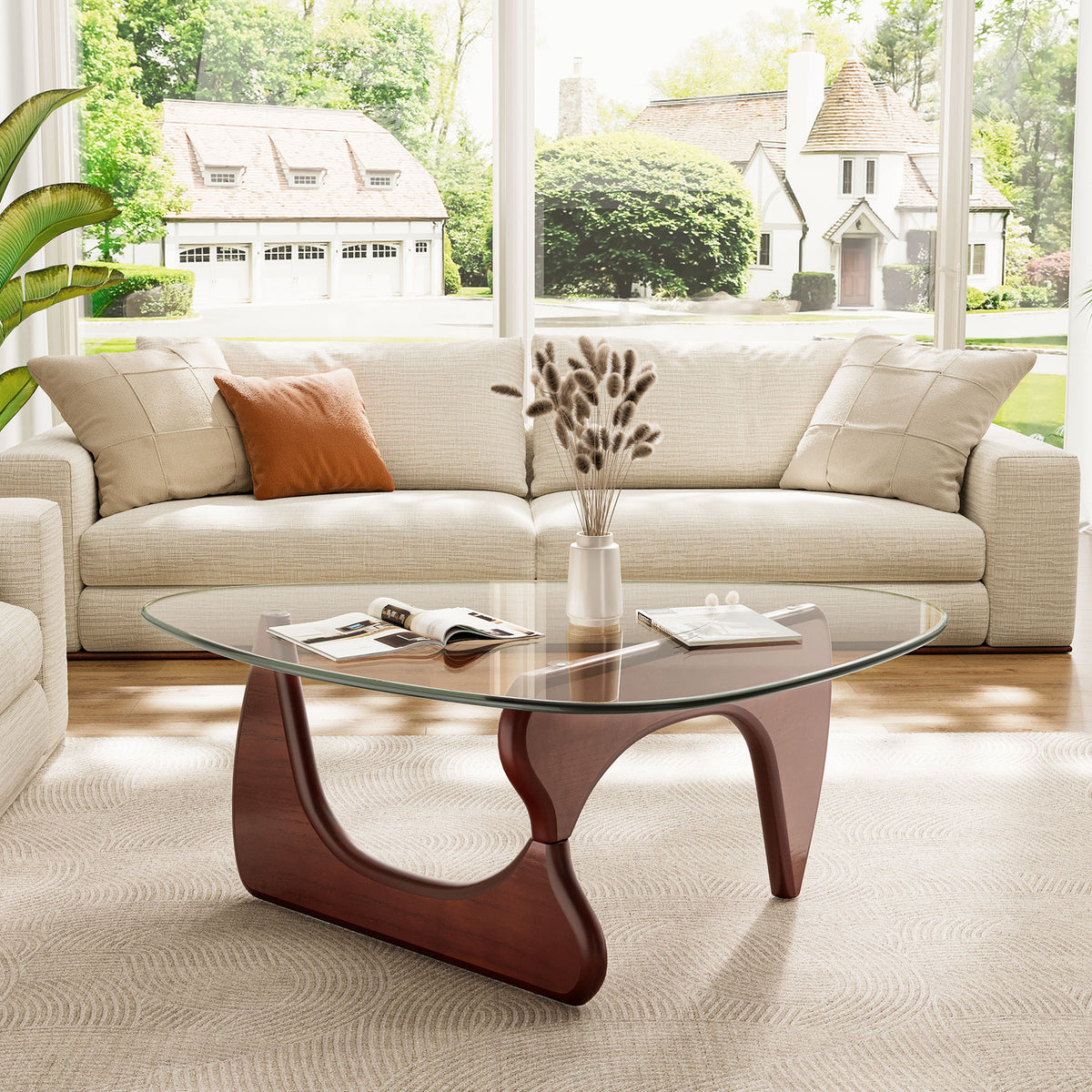 Modern Triangle Glass Coffee Table - Dark Walnut&Clear Top