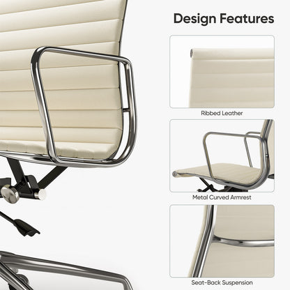 Armrests Ribbed Office Chair Beige Genuine Leather Office Chair
