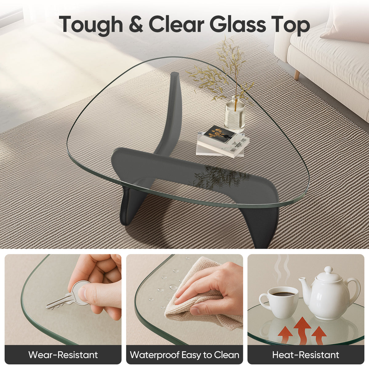 High-end Modern Triangle Glass Coffee Table With Solid Wood Base - Black