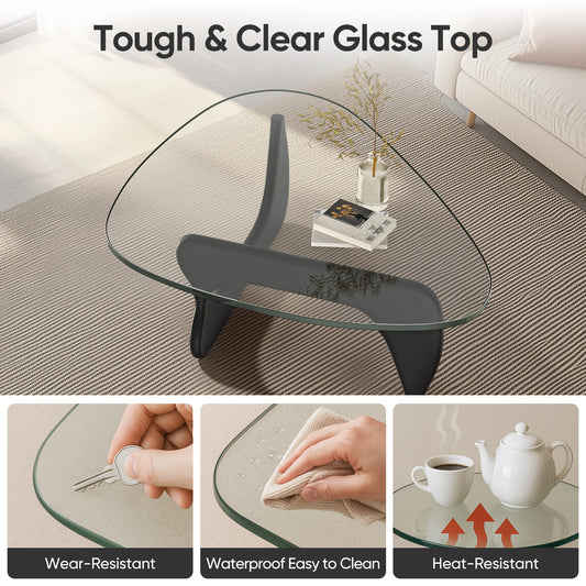 High-end Modern Triangle Glass Coffee Table With Solid Wood Base - Black