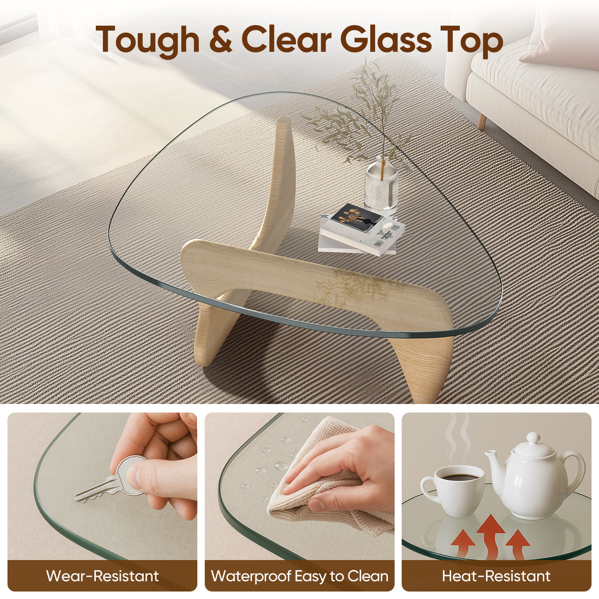 High-end Modern Triangle Glass Coffee Table With Solid Wood Base - Original Wood