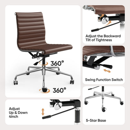 Armless Ribbed Office Desk Chair with Top Grain Leather - Brown
