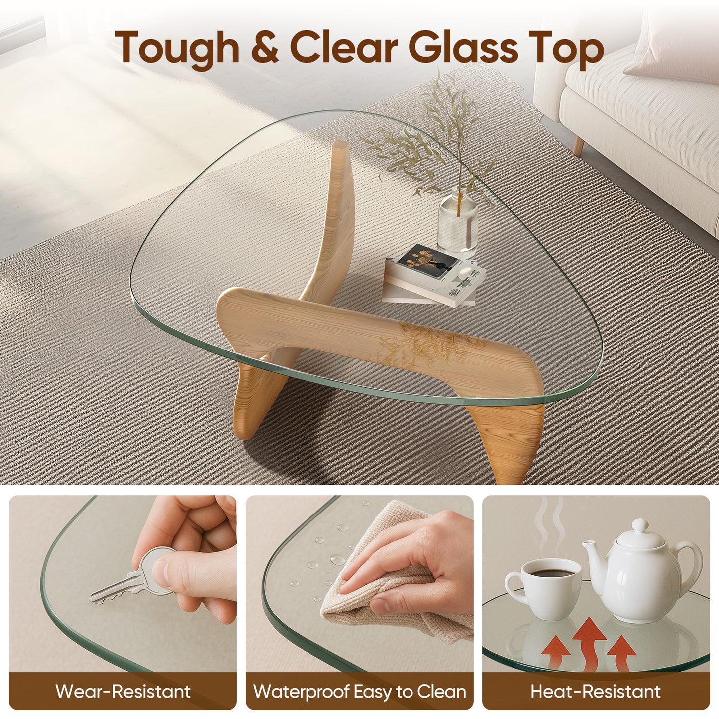 High-end Modern Triangle Glass Coffee Table With Solid Wood Base - Light Walnut
