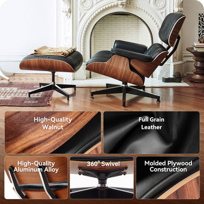Classic Genuine Leather Lounge Chair with Ottoman – Walnut Wood & Black