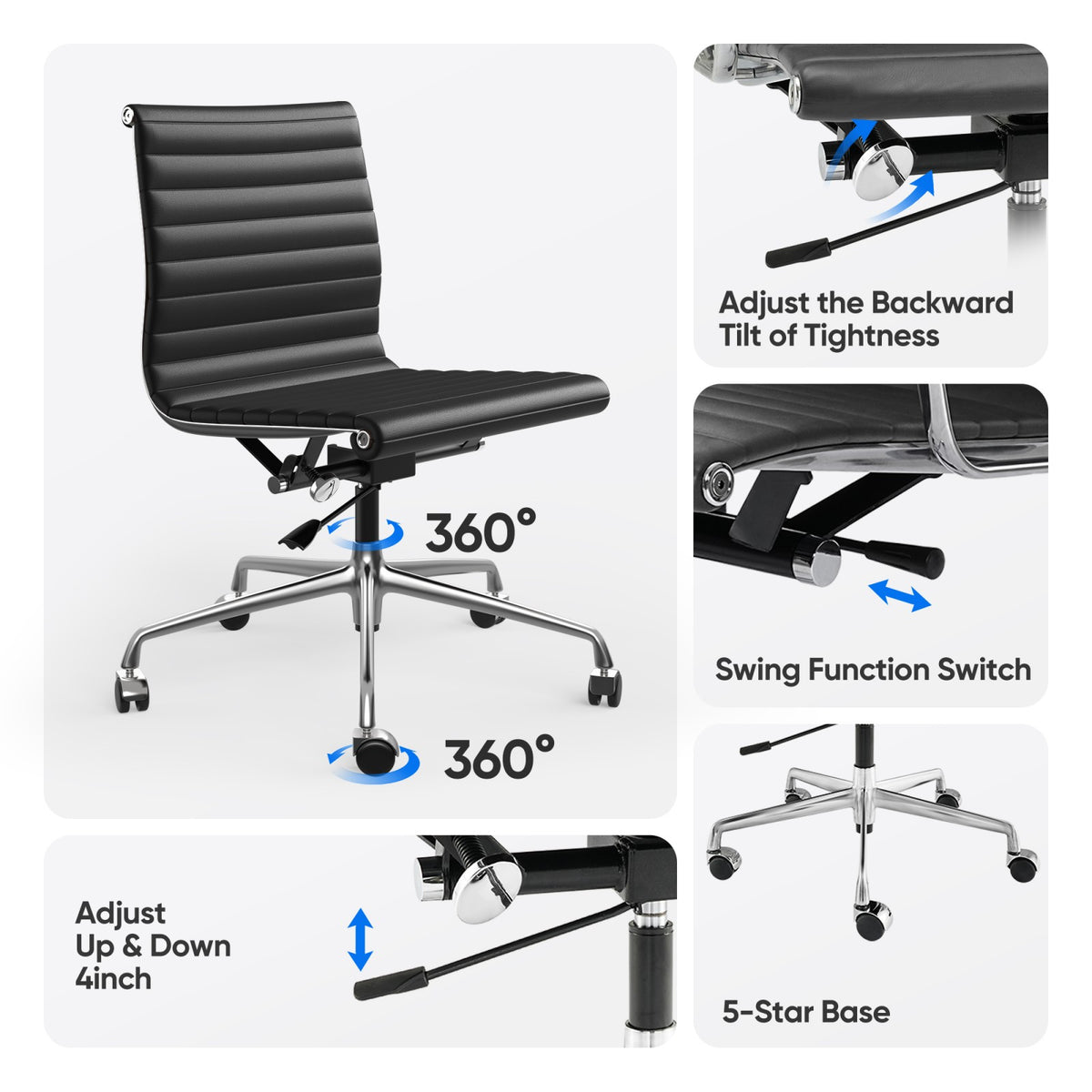 Armless Ribbed Office Desk Chair with Top Grain Leather - Black