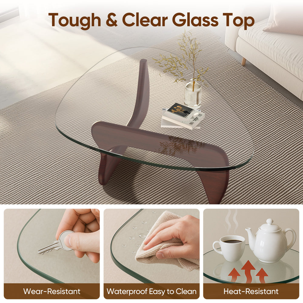 SAINCH Triangle glass coffee table with clear tempered glass top shown in everyday living room use