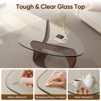 High-end Modern Triangle Glass Coffee Table With Solid Wood Base - Dark Walnut