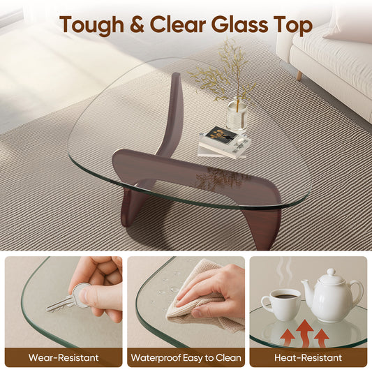 High-end Modern Triangle Glass Coffee Table With Solid Wood Base - Dark Walnut